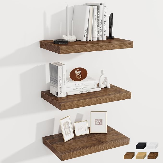 Fun Memories 12 Inch Deep Floating Shelves for Wall, 20 Inch Long Wall Mounted Storage Shelf with Invisible Brackets, 3 Pack 