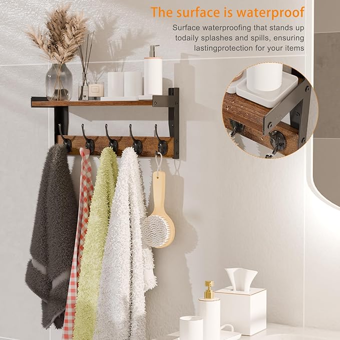 Wall Hooks with Shelf, Wood Coat Rack with Shelf Wall-Mounted, Entryway Hanging Shelves with 5 Metal Hooks for Clothes Hats T