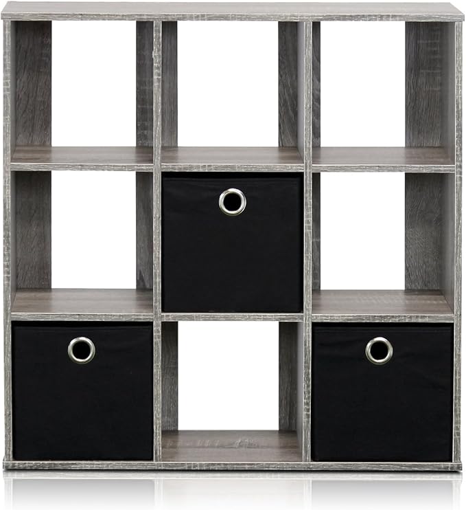 Furinno Simplistic 9-Cube Organizer with Bins, Small Size (Assembled unit dimensions : 7.9"D x 26.5"W x 26.7"H inches), Frenc