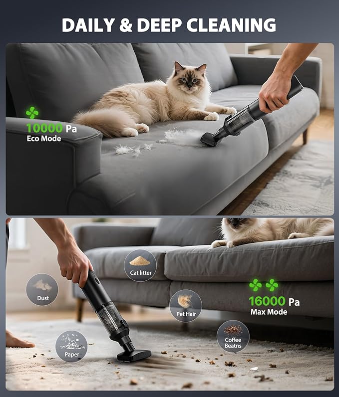 Car Vacuum Portable Cordless Handheld Vacuum Cleaner 4-in-1 Mini Cordless Vacuum with 2 Suction Modes and 16800pa Suction Pow