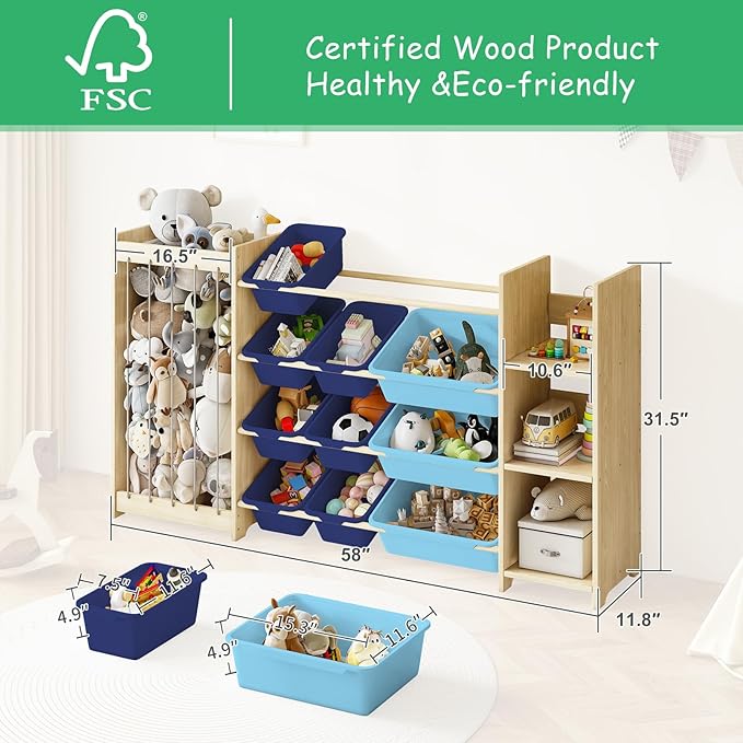 EXPERLAM 3-in-1 Toy Storage Organizer, Stuffed Animal Holder & 3-Tier Bookcase, Solid Wood Toy Organizer with 12 Storage Bins