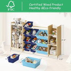EXPERLAM 3-in-1 Toy Storage Organizer, Stuffed Animal Holder & 3-Tier Bookcase, Solid Wood Toy Organizer with 12 Storage Bins