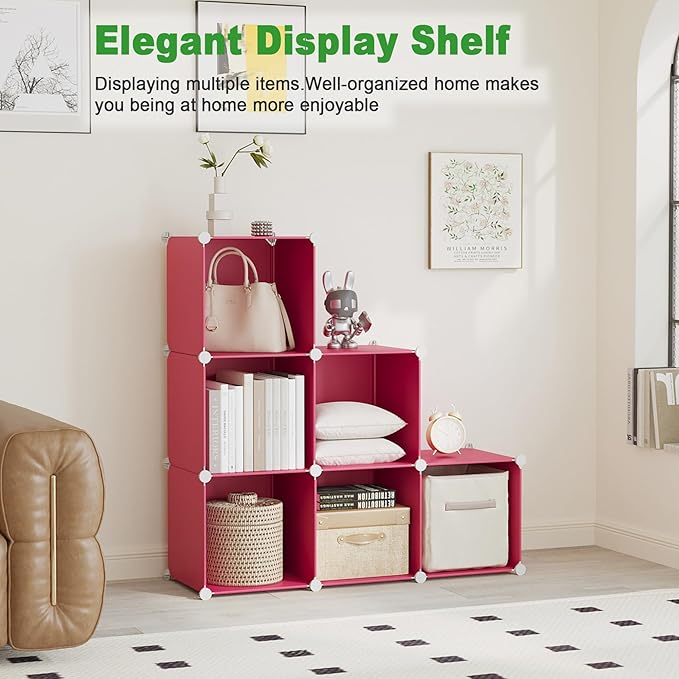 C&AHOME 6-Cube Storage Organizer, Stackable Storage Cubes Shelves, Portable Bookshelf, Plastic Clothing Storage Closet Organi