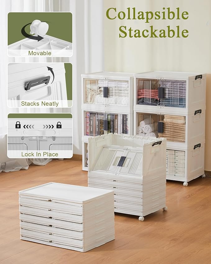 OlarHike 48QT Stackable Storage Bins with Lids - Folding Storage Boxes with Doors and Wheels, Collapsible Plastic Storage Org