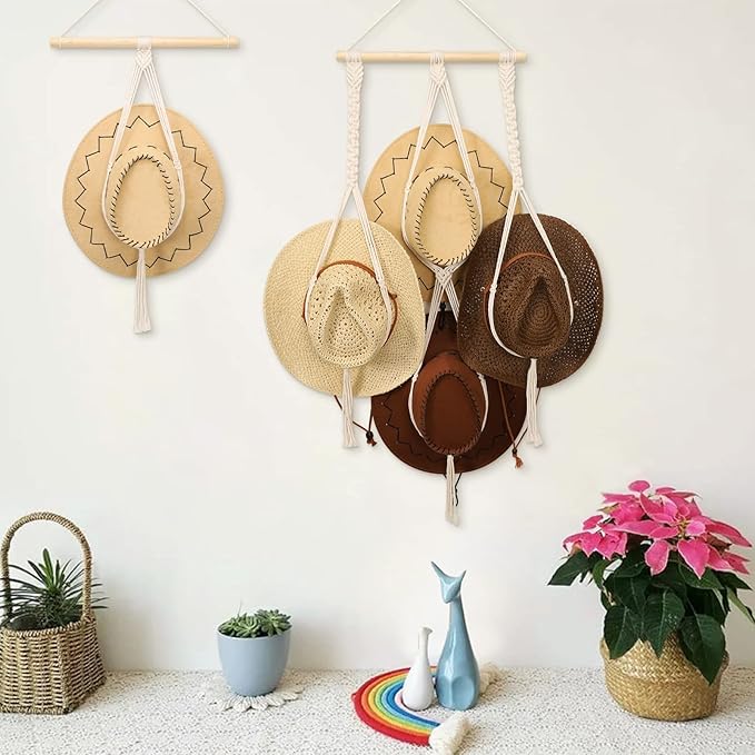 ZYP Macrame Hat Hanger Boho Hat Rack for Wall Hat Holder Display Organizer Bobo Hanging Hat Organizer Storage for Wide Brim H