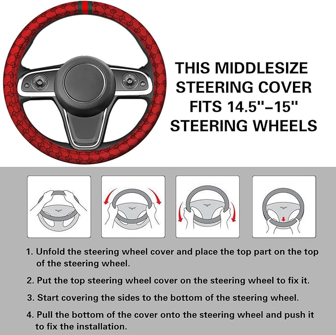 5PCS Steering Wheel Cover, with 2 Headrests, 2 Seat Belt Covers - Universal Fit for 14.5-15" Steering Wheel, Enhances Driving Experience - Perfect for Women (Red)