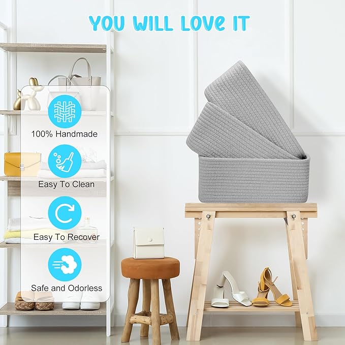 3-Pcs Shelf Baskets for Organizing, Closet Organizer Bins, Small Woven Baskets, Rope Toy Basket, Storage Basket for Shelves, 