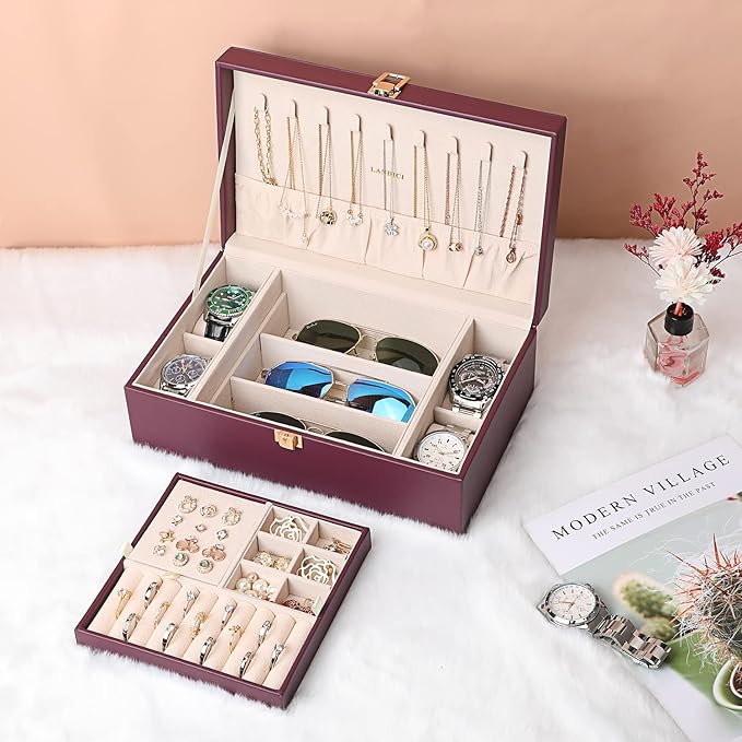 LANDICI Jewelry Box Organizer for Women, 2 Layer 4 Slot Watch Storage Case with Removable Tray, PU Leather Large Jewellery Ho