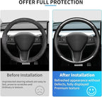 Hand Sewn Microfiber Leather Steering Wheel Cover, Stitch Steering Wheel Wrap Set for Original Tesla Model 3 2017-2023/Model Y 2020-2023 Juniper/Highland Accessories (B Carbon Fiber)