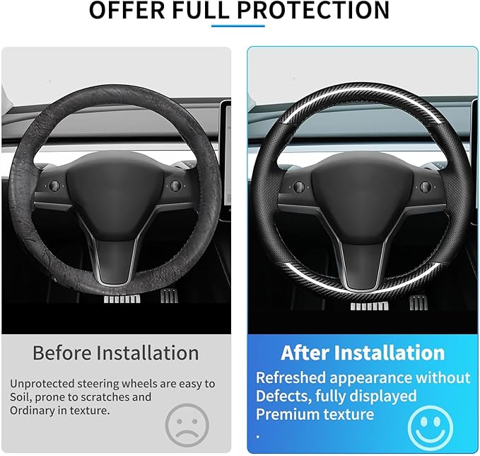 Hand Sewn Microfiber Leather Steering Wheel Cover, Stitch Steering Wheel Wrap Set for Original Tesla Model 3 2017-2023/Model Y 2020-2023 Juniper/Highland Accessories (B Carbon Fiber)