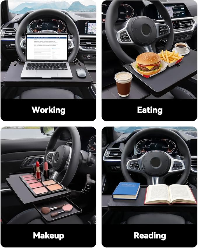 Car Steering Wheel Desk for Laptop, Portable Car Steering Wheel Tray for Eating & Work, Multipurpose Travel Car Table, Steering Wheel Mounted Desk (Parked Use Only)