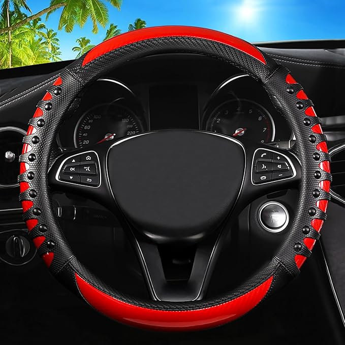 Car Leather Steering Wheel Cover - Carbon Fibre Material, Universal 14.5-15 Inch Leather Anti-Slip Breathable Auto Steering W