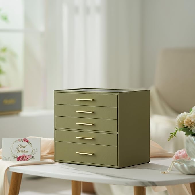 Jewelry Box Organizer Case for Women: 5-Layer Jewelry Storage Case with Glass Window, Olive Green Leather with Cream Velvet, 