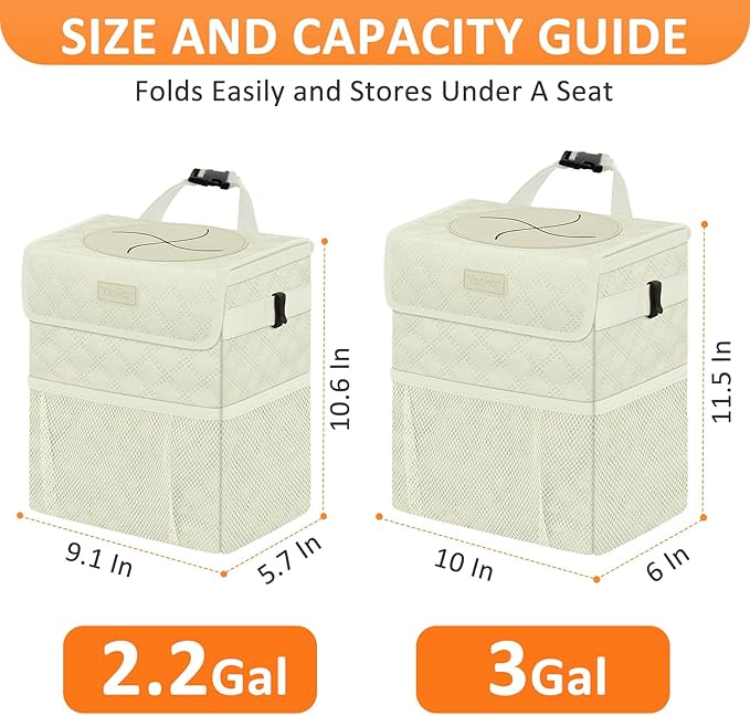 White Car Trash Can Cute, White Car Accessories for Women Waterproof Automotive Garbage Cans Leak Proof Vehicle Trash Can Diamond Pattern-Beige