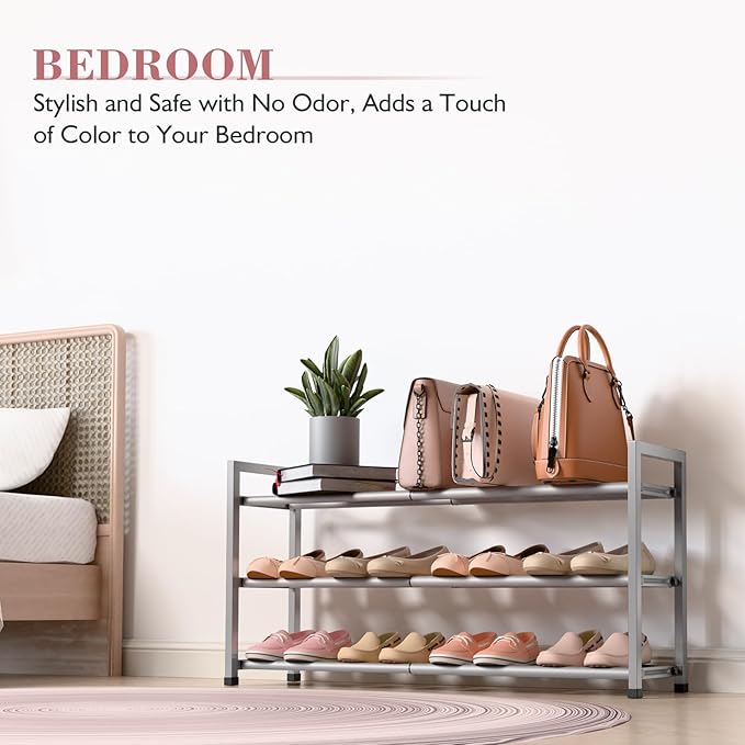 Bumusty 3-Tier Expandable Shoe Rack for Closet, 18“-33” Adjustable Shoe Rack for Small Space, Small Shoe Organizer for Front 