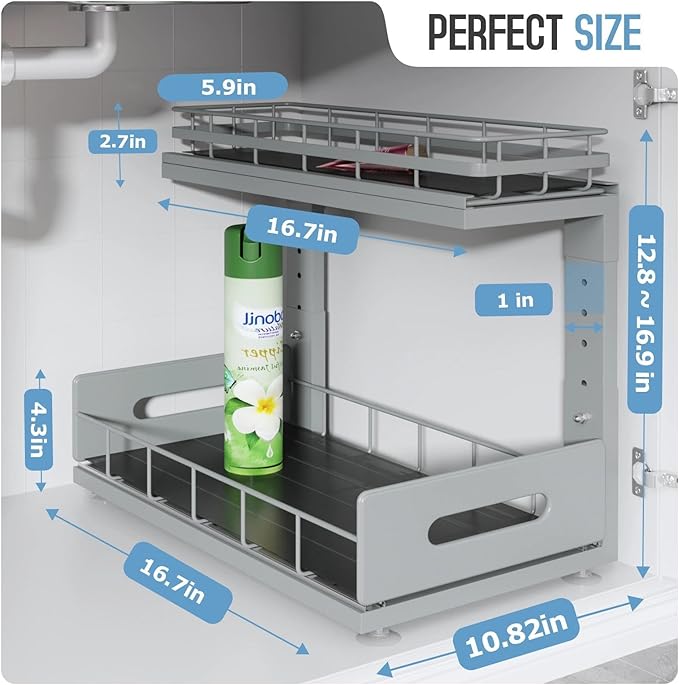 Under Sink Organizer Upgrade To Professional Rails,2-Tier Dual Pull Out Cabinet Storage,Height Adjustable Slide Out Drawers F