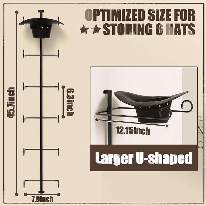 Alyoen Cowboy Hat Rack for Wall, Cowboy Hat Holder Wall Mount Holds Up to 6 Hats, Metal Hat Organizer Storage Hanger, Western