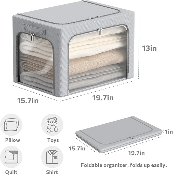 3Pack Clothes Storage Bins - Oxford Frame Storage Box Foldable Stackable Storage Organizer with 3 Openings Design, Metal Fram