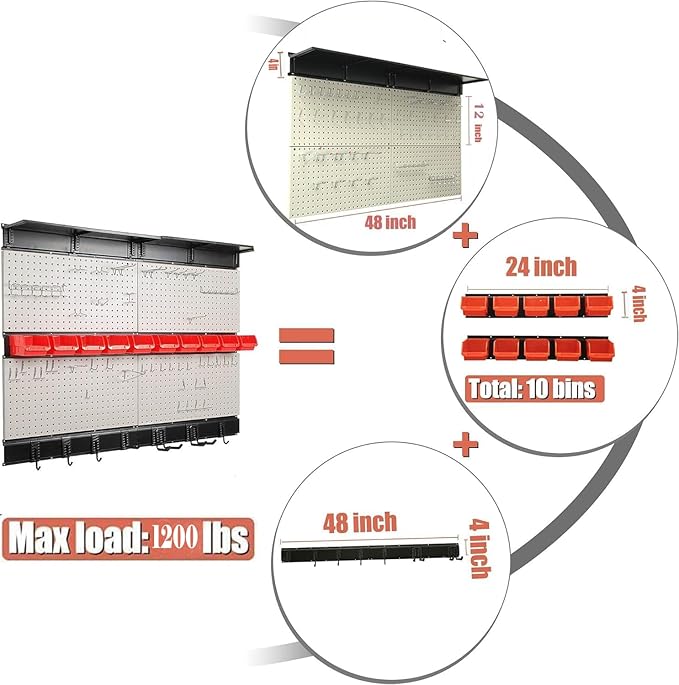 Ultrawall Pegboard Wall Organizer, 48 X 36 inch Garage Storage Pegboard with Hooks Storage Bins Tool Board Panel Tool Organiz