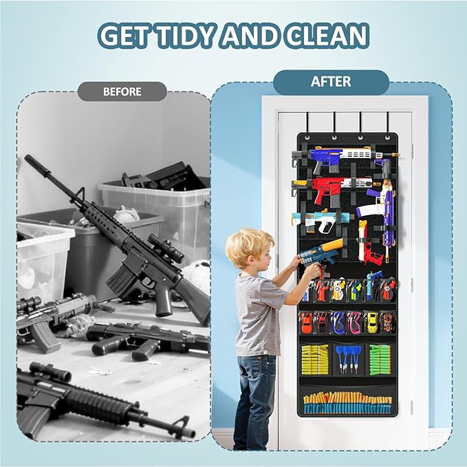 Over Door Toy Gun Storage, Hanging Organizer for Toy Guns, Hanging Toys Organizer with Pockets, Hook&Loop Straps for Foam Bla
