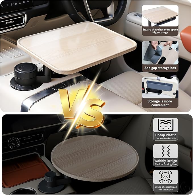 360° Rotating Wood Car Tray & Desk for Laptop - Steering Wheel Cup Holder Table, Car Accessories for Women & Men, Compatible with Tesla Model Y/3/S, Ford F150/Explorer/Maverick & Most Vehicles