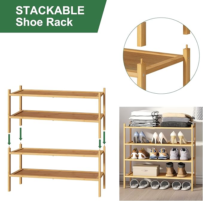 kiplant 4-Tier Shoe Rack for Entryway, Bamboo Wood Shoe Rack 4-Tier, Stackable Shoe Organizer for Closet, Free Standing Shoe 