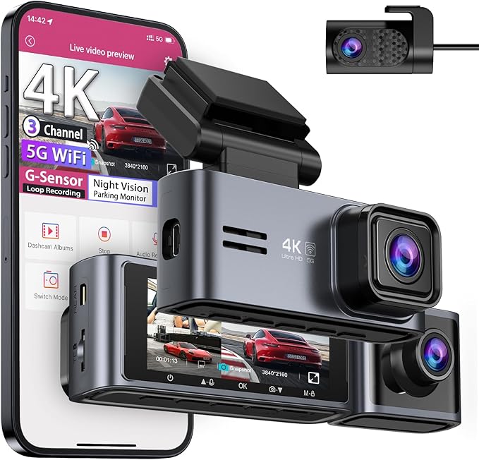 OMBAR Dash Cam 5G WiFi GPS, 3 Channel Dash Cam Front and Rear Inside 2K+1080P+1080P, 3.18" LCD Screen, 64GB Card Included, Du