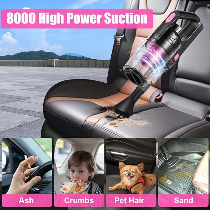 Viewsun Car Vacuum Cordless Rechargeable, 8000PA High Power Handheld Vacuum Cleaner with 17PCS Car Cleaning Kit, Pink Auto Ac