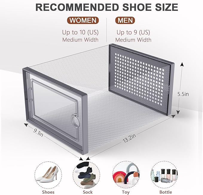 Kuject Large Shoe Organizers Storage Boxes for Closet, 12 Pack Clear Plastic Stackable Storage Bins with Lids, Under Bed Shoe