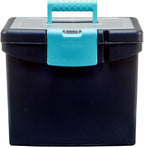 Storex Portable File Box, with Lockable XL Supply Storage Lid and Carry Handle, Black/Teal, 10.9 x 11 x 13.25 Inches, 2-Pack 