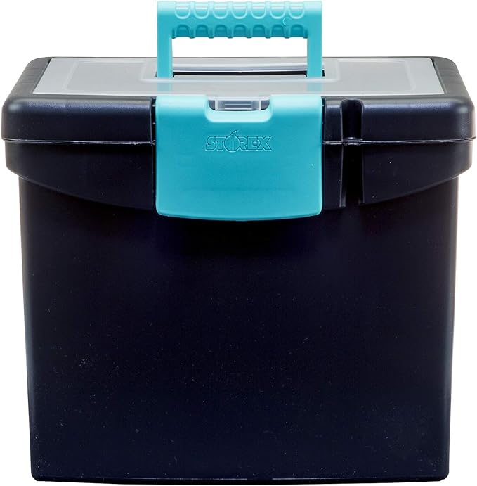 Storex Portable File Box, with Lockable XL Supply Storage Lid and Carry Handle, Black/Teal, 10.9 x 11 x 13.25 Inches, 2-Pack 