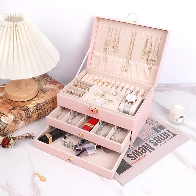 3 Layer Jewelry Box for girls, Lockable Jewelry Organizer for Necklace Earring Ring Bracelet Watch, PU Leather Storage, Pink