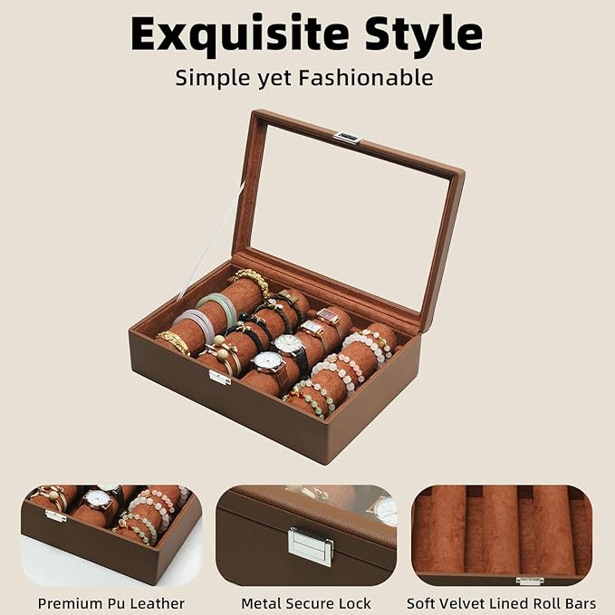 Bracelets Organizer Rods Bangles Display Holder, Clear See through Lid Leather Velvet Jewelry Storage Box Case for Women, 4 R