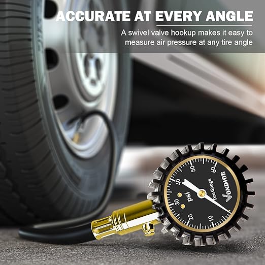 Vondior Tire Pressure Gauge with Tube (0-60 PSI), Air Pressure Gauge Certified ANSI Accurate with Large Easy to Read Glow Dial, Tire Pressure Gauge for Car Trucks Bicycle Tires