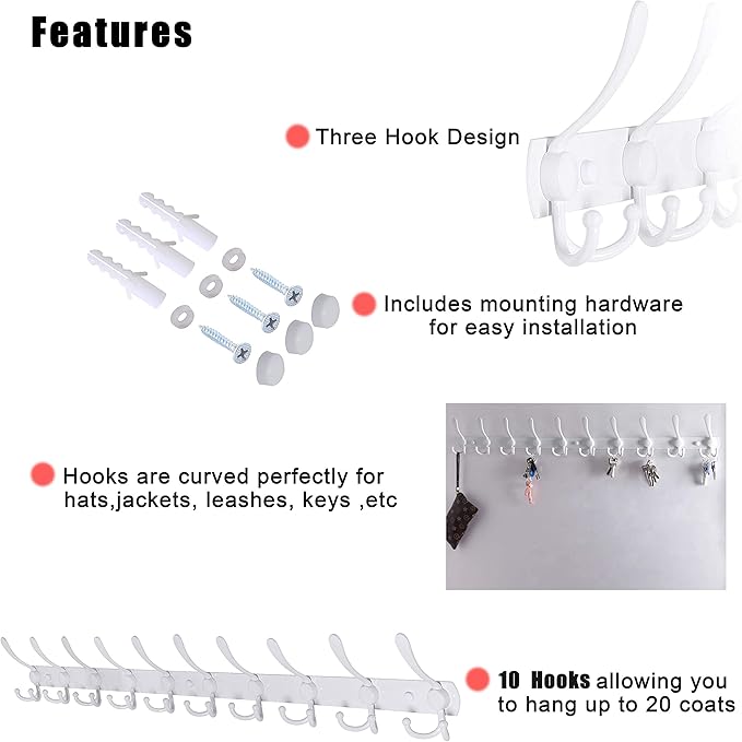 Dseap Coat Rack Wall Mount - 38” Long 10-Tri-Hooks Heavy Duty Coat Hanger Rail Wall Hooks for Hanging Coats Hats Clothing Clo