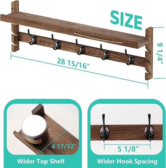 AMBIRD Wall Hooks with Shelf 28.9inch Entryway Wall Hanging Shelf, Wood Coat Hooks, Coat Rack Wall Mount Rack with 5 Dual Hoo