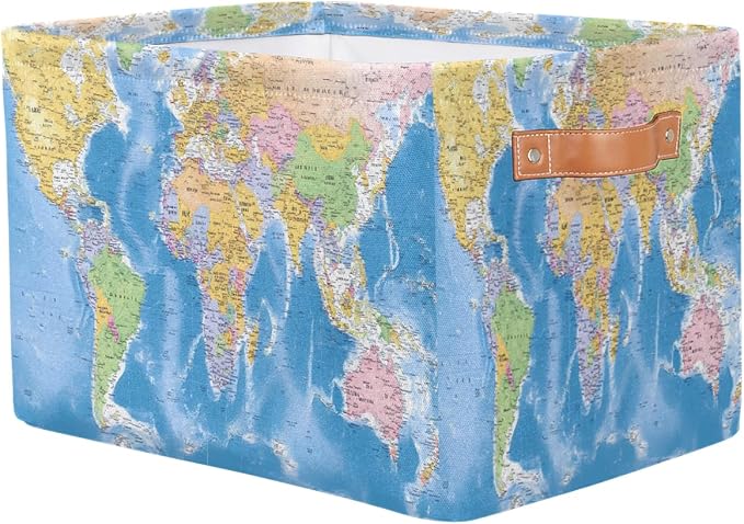 Globe World Map Storage Basket Collapsible Cloth Storage Cube Basket Bins Organizer with Handles Rectangular Large Toys Shelf