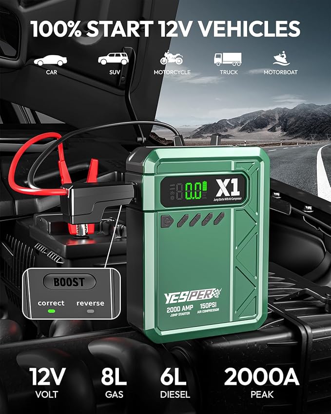YESPER Jump Starter with Air Compressor 2000A 150PSI Battery Jumper Starter Portable(8L Gas/6L Diesel) 12V Car Jump Pack