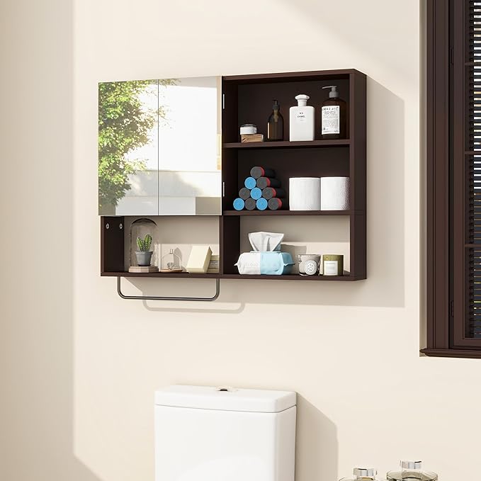 Medicine Cabinet, Wooden Bathroom Wall Cabinet with 2 Doors, Adjustable Shelves & Towel Bar, Over Toilet Storage Cabinet Wall
