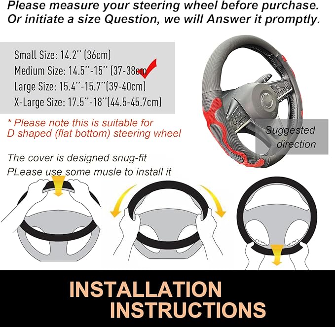 PINCTROT D Shaped Comfy Grip Steering Wheel Cover, Anti-Slip Design, Flat Bottom 14.5-15 Inch(Silicone Red)