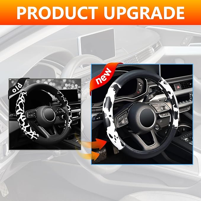 Cow Print Steering Wheel Cover, Universal 14.5-15 inch Breathable Microfiber Leather Anti-Slip Car Steering Wheel Protector f