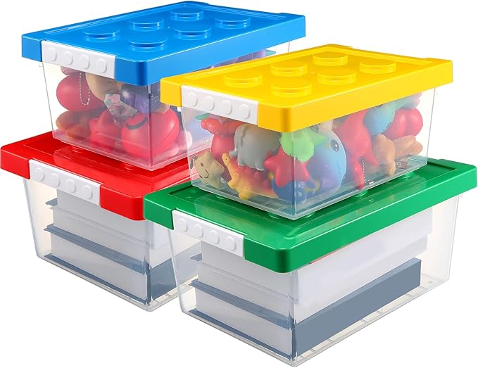Vicenpal 4 Pack Toy Storage Containers with Lids Brick Shaped Kids Toy Organizer Box Plastic Clear Stackable Bin Chest for Bu