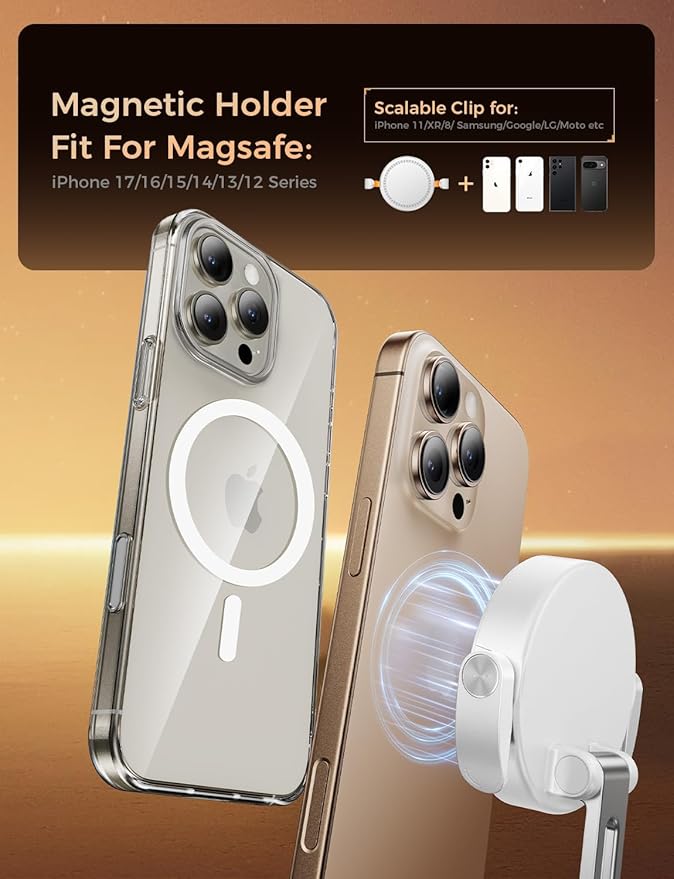 MAGIC JOHN Car Phone Holder for Magsafe [Ultra Magnetic & Clip arm] 360° Adjustable Car Phone Mount, Phone Holders for Your Car for iPhone 17 Pro Max 16 15 14 13 12 Air Plus Car Accessories, White ﻿