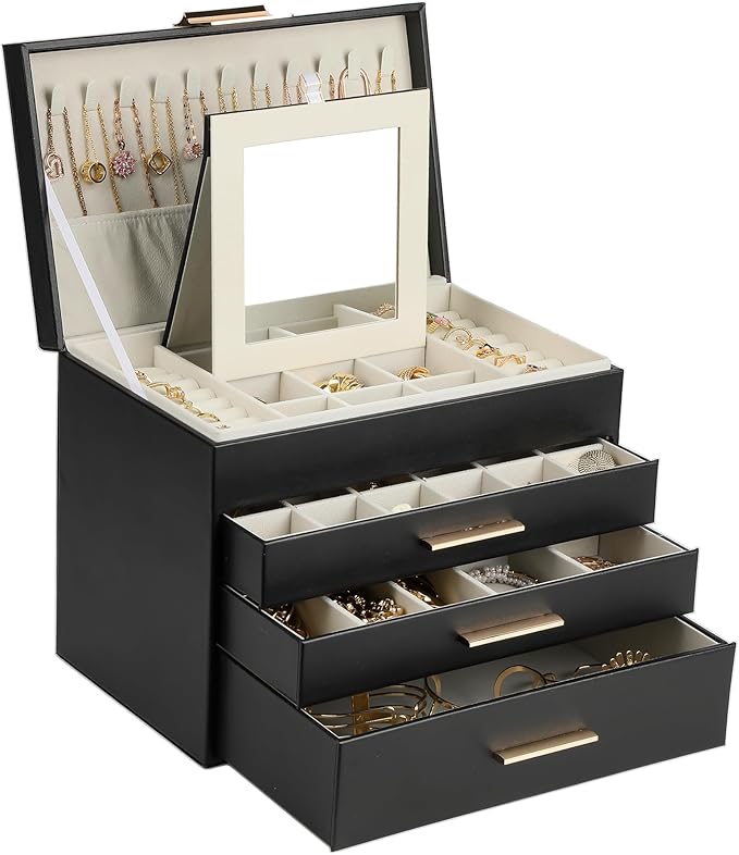 BOOVO Jewelry Boxes for Women, 5 Layer Jewelry Organizer with Necklace Hanger and Drawers, Large Jewelry Box for Earrings, Ne