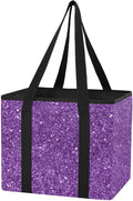 Purple Glitter Texture Reusable Grocery Bags Large Shopping Tote Bag with Reinforced Bottom Board, Water Resistant Foldable S