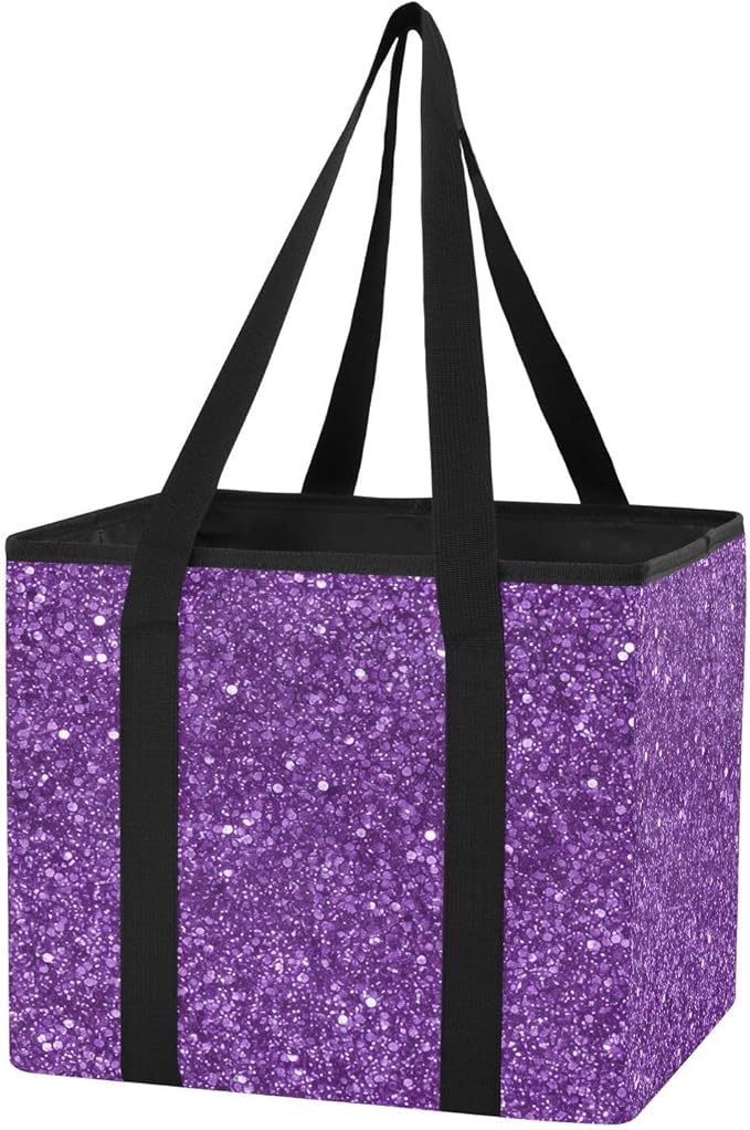 Purple Glitter Texture Reusable Grocery Bags Large Shopping Tote Bag with Reinforced Bottom Board, Water Resistant Foldable S