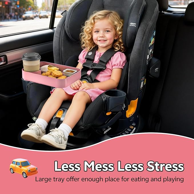 Car Seat Snack Tray for Kids Toddler Travel,Cup Holder Expander for Car,Toddler Travel & Road Trip Accessory for Mess-Free Snacking in The Car (Pink)