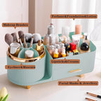 Rotating Makeup Organizer for Vanity with Brush Holder and Drawer, Cosmetic Makeup Storage, Large Spinning Makeup Skincare Or