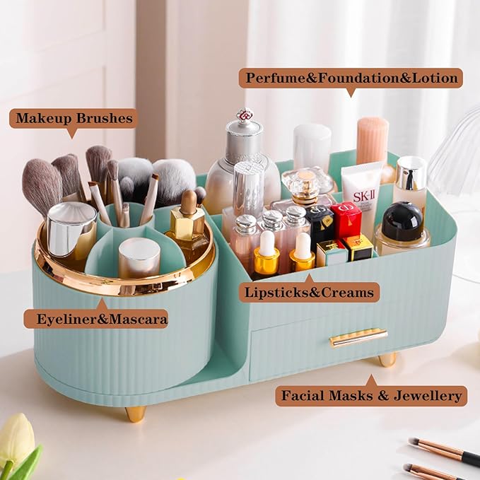 Rotating Makeup Organizer for Vanity with Brush Holder and Drawer, Cosmetic Makeup Storage, Large Spinning Makeup Skincare Or