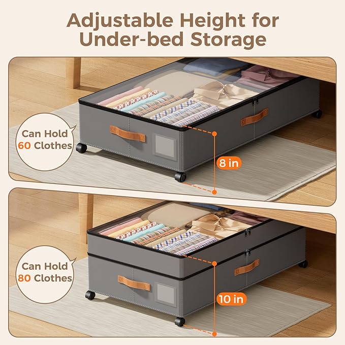 Under Bed Storage with Wheels, Large Capacity UnderBed Containers with Clear Lids, Shoe Organizer Under Bed Drawers, Rolling 
